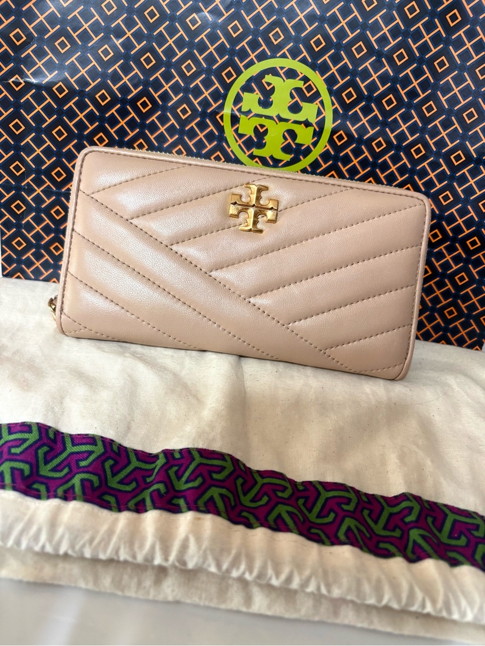 Tory Burch Pink Quilted Zip-Around Logo Wallet